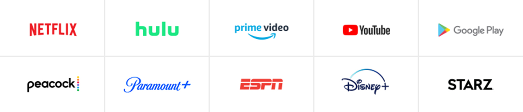 Netflix, hulu, prime video, YouTube, Google Play, Peacock, Paramount+, ESPN, Disney Plus, Starz